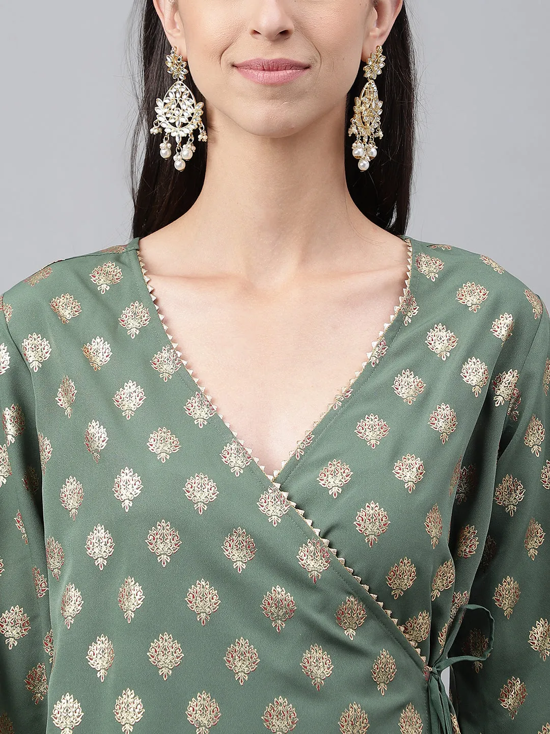 Green Crepe Foil Printed Angrakha Co-Ord Set