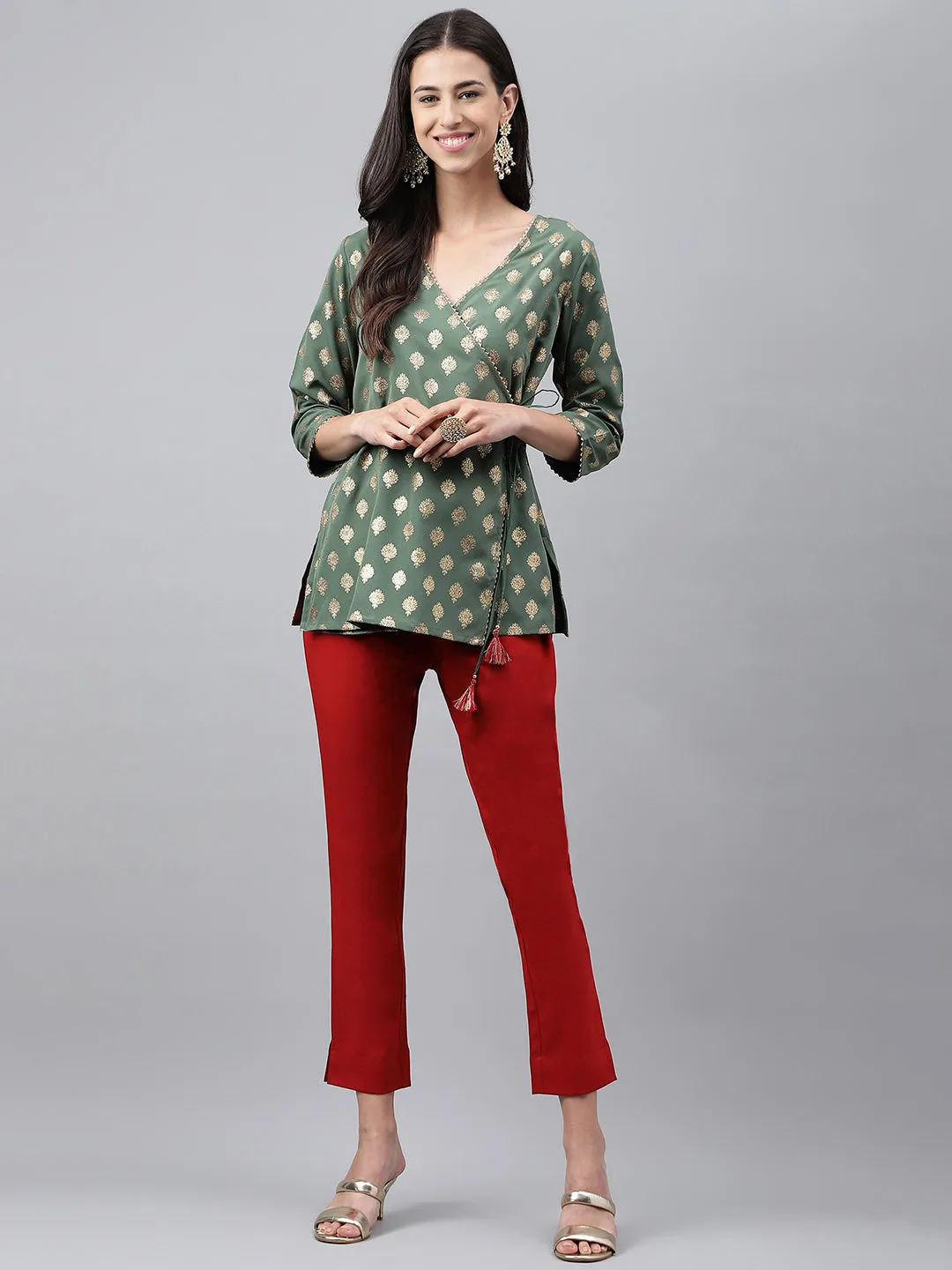 Green Crepe Foil Printed Angrakha Co-Ord Set