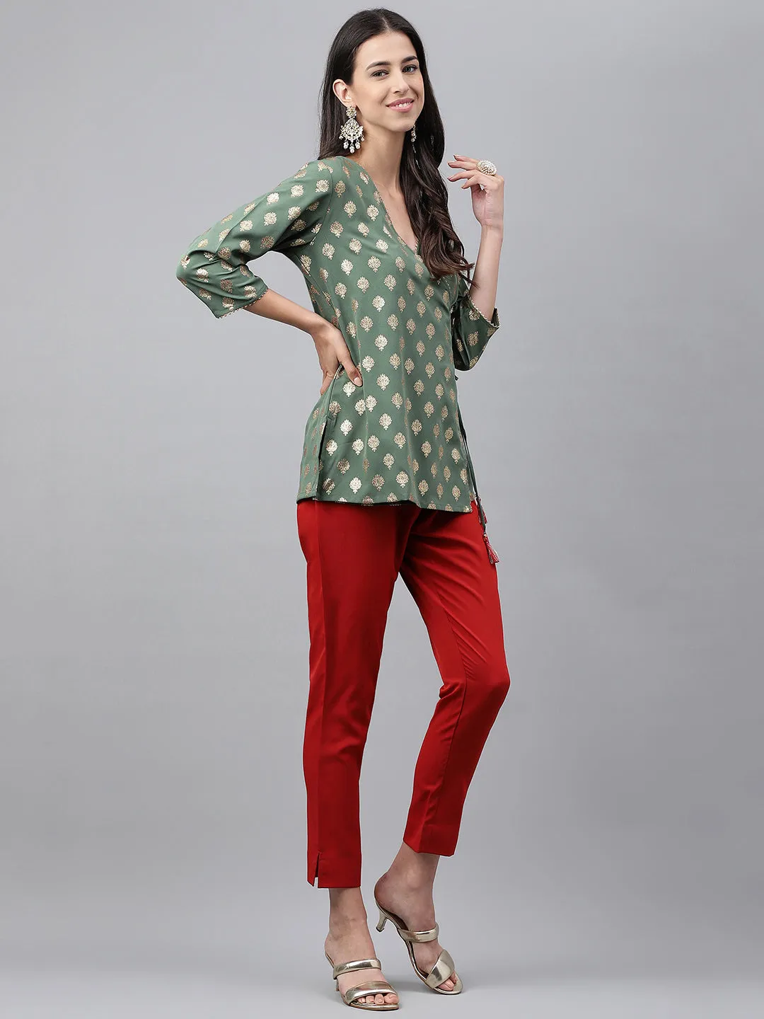 Green Crepe Foil Printed Angrakha Co-Ord Set
