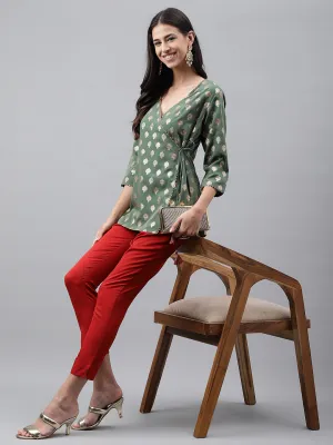 Green Crepe Foil Printed Angrakha Co-Ord Set