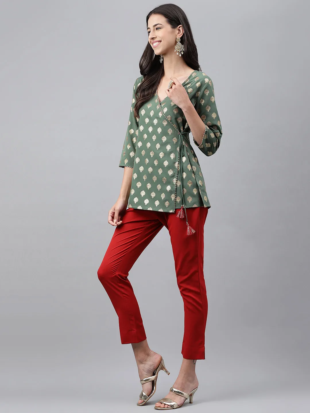 Green Crepe Foil Printed Angrakha Co-Ord Set