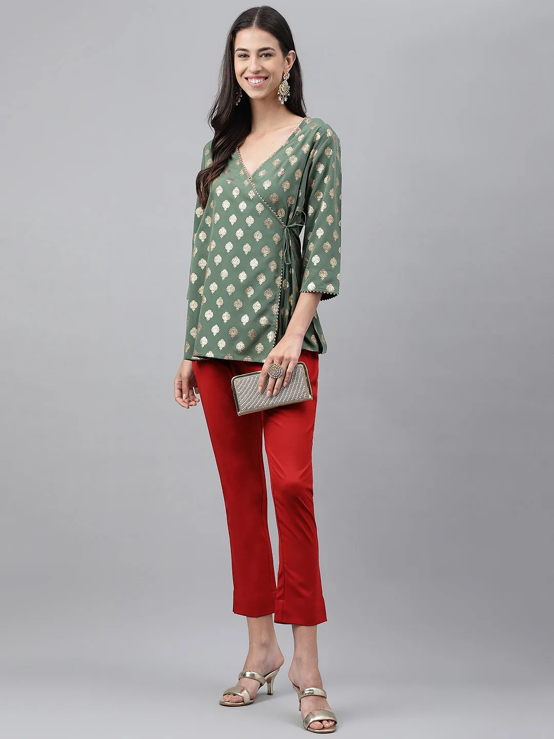 Green Crepe Foil Printed Angrakha Co-Ord Set