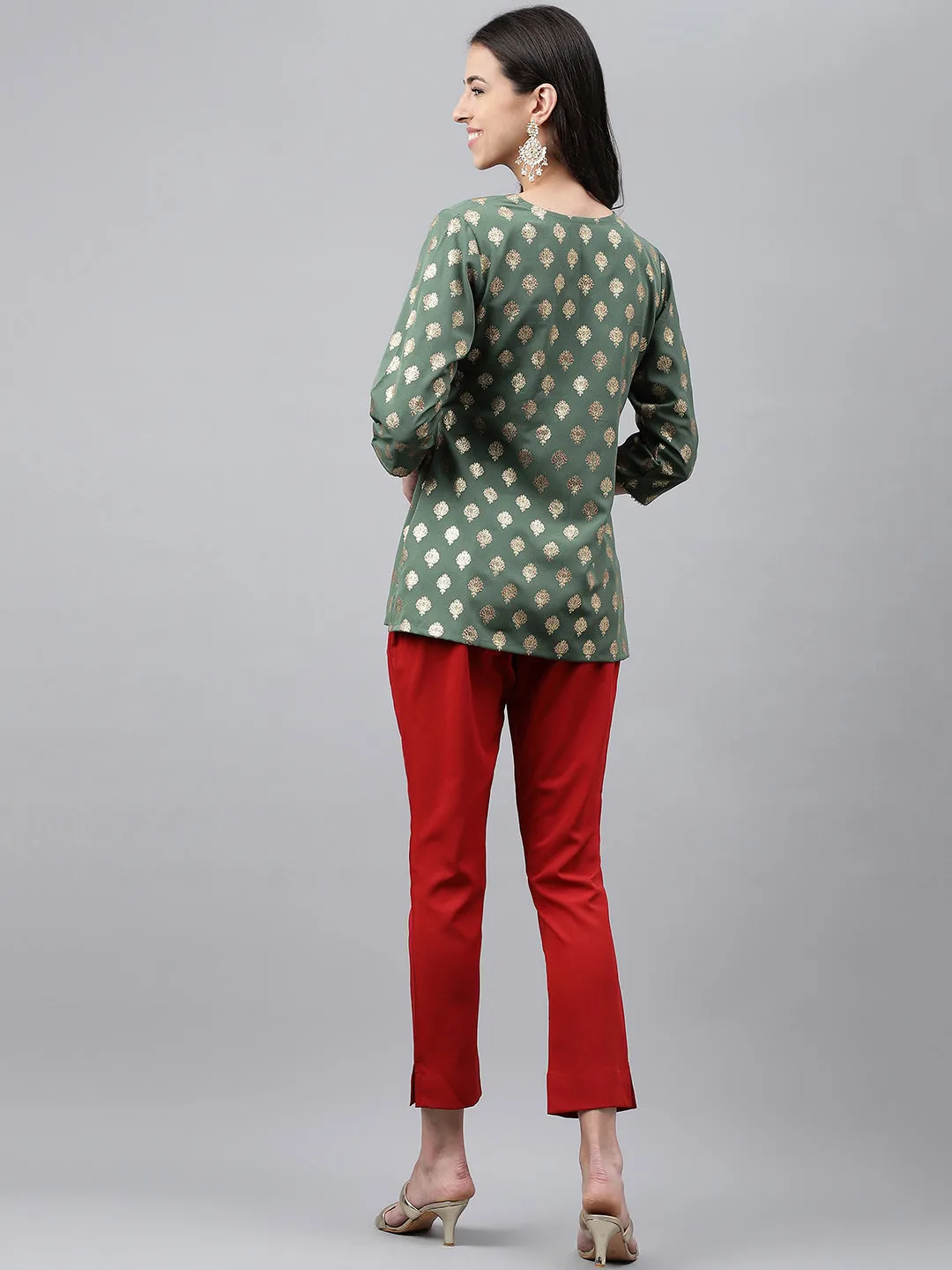 Green Crepe Foil Printed Angrakha Co-Ord Set
