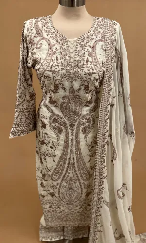 Heavy Stone Work Embroiderey Off White Color Suit With Pants On Bottom