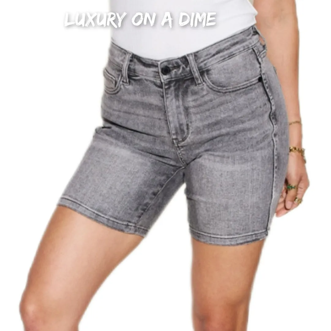 High Rise Bermuda Retro Grey Washed Denim Jean Shorts Judy Blue