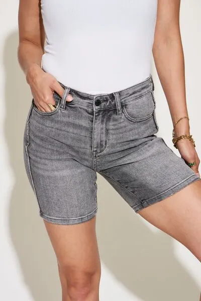 High Rise Bermuda Retro Grey Washed Denim Jean Shorts Judy Blue
