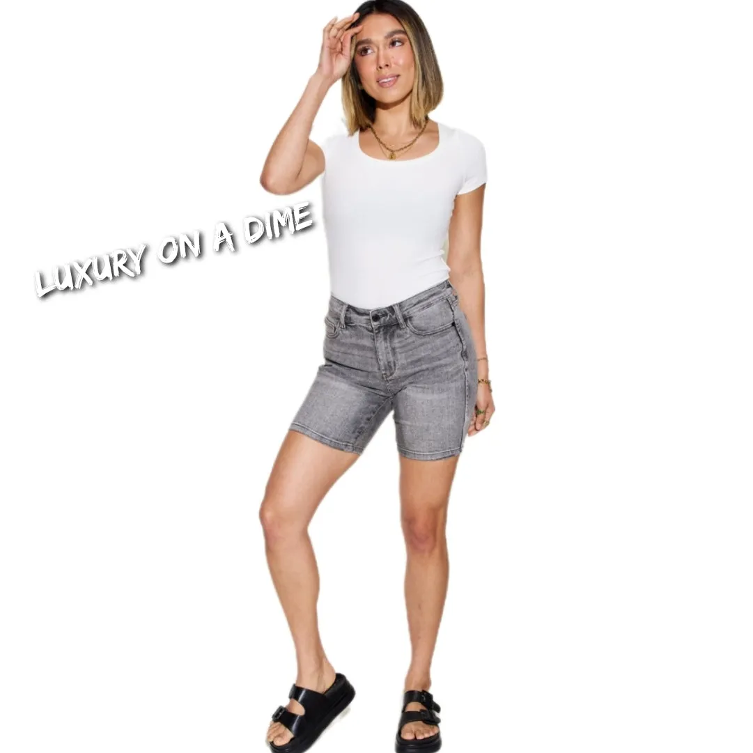 High Rise Bermuda Retro Grey Washed Denim Jean Shorts Judy Blue