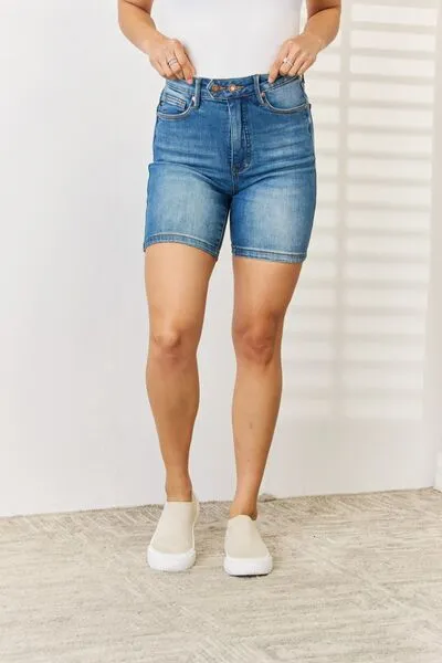 Judy Blue Tummy Control Double Button Bermuda Blue Denim Jean Shorts