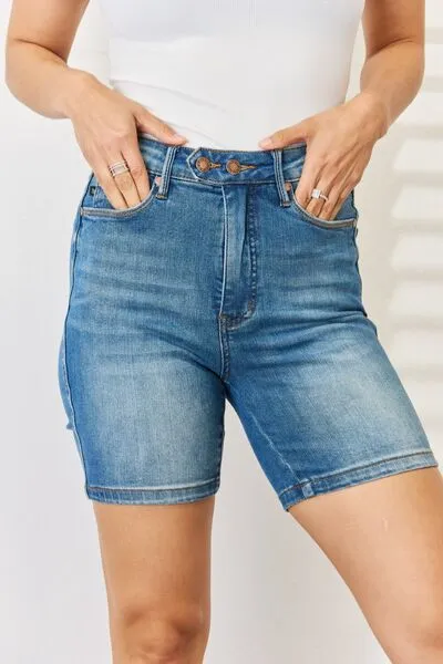 Judy Blue Tummy Control Double Button Bermuda Blue Denim Jean Shorts