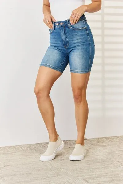 Judy Blue Tummy Control Double Button Bermuda Blue Denim Jean Shorts