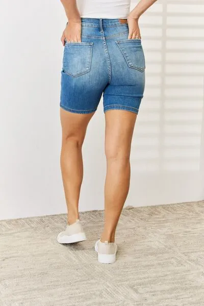 Judy Blue Tummy Control Double Button Bermuda Blue Denim Jean Shorts