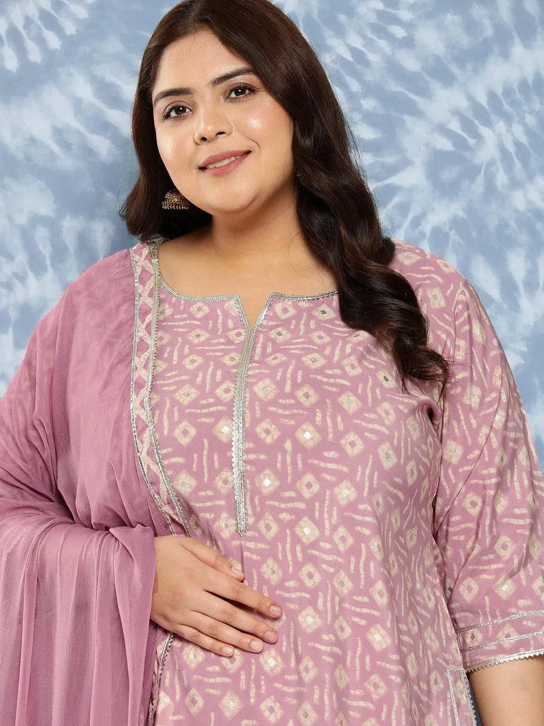Mauve Printed Silk Blend Straight Kurta With Trousers and Dupatta
