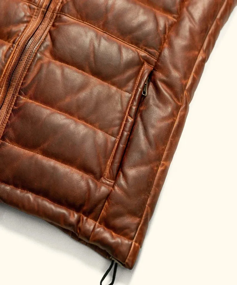 Men's Brown Leather Puffer Vest: Sleeveless Jacket, Perfect for Casual Wear, Genuine Leather