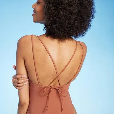 New - Women's Tunneled Plunge One Piece Swimsuit - Shade & Shore Brown M