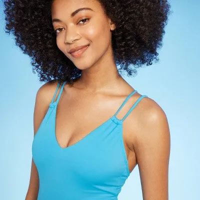 New - Women's Tunneled Plunge One Piece Swimsuit - Shade & Shore Turquoise Blue L