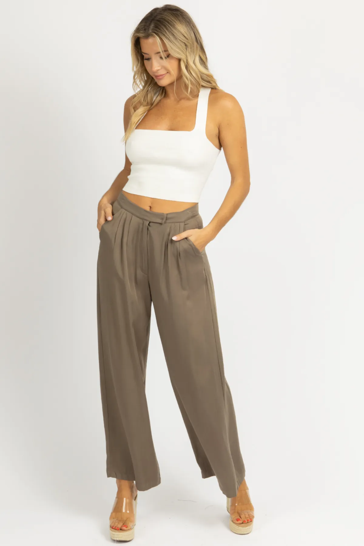 OLIVE PLEATED HIGH WAISTED TROUSER