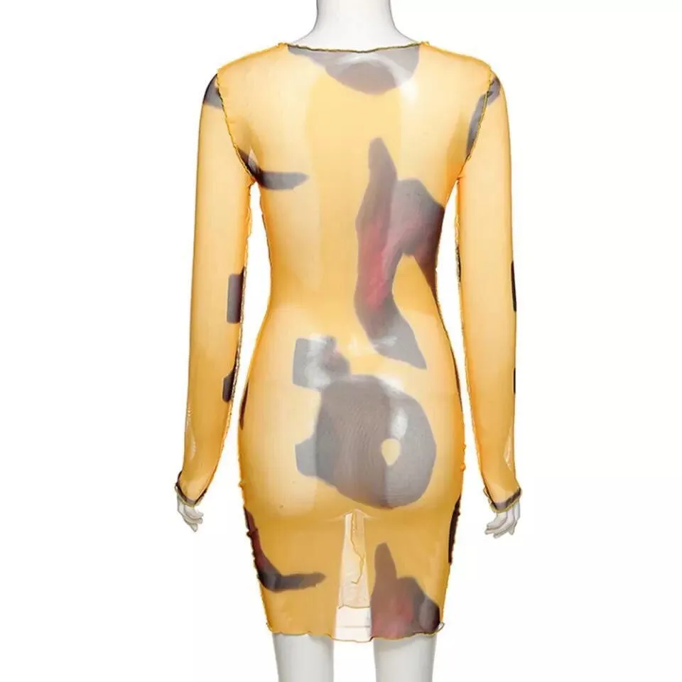 Orange Mesh Tie Dye Long Sleeve Tie Bodycon Dress