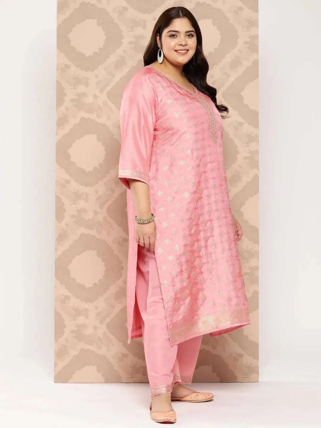 Peach Embroidered Silk Blend Straight Kurta With Trousers and Dupatta