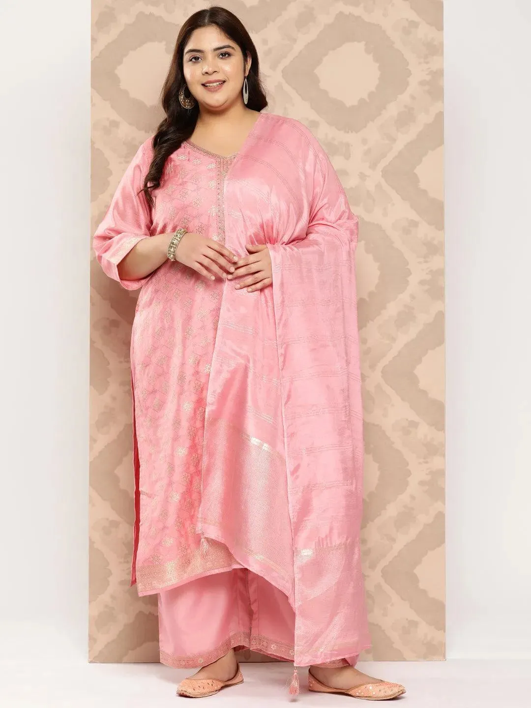 Peach Embroidered Silk Blend Straight Kurta With Trousers and Dupatta