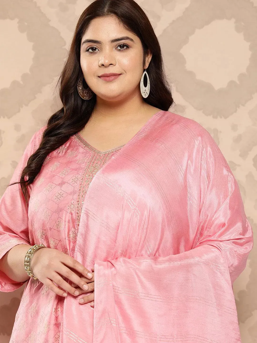 Peach Embroidered Silk Blend Straight Kurta With Trousers and Dupatta