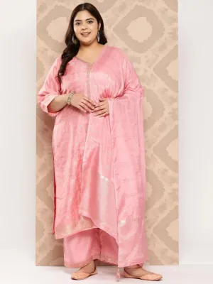 Peach Embroidered Silk Blend Straight Kurta With Trousers and Dupatta