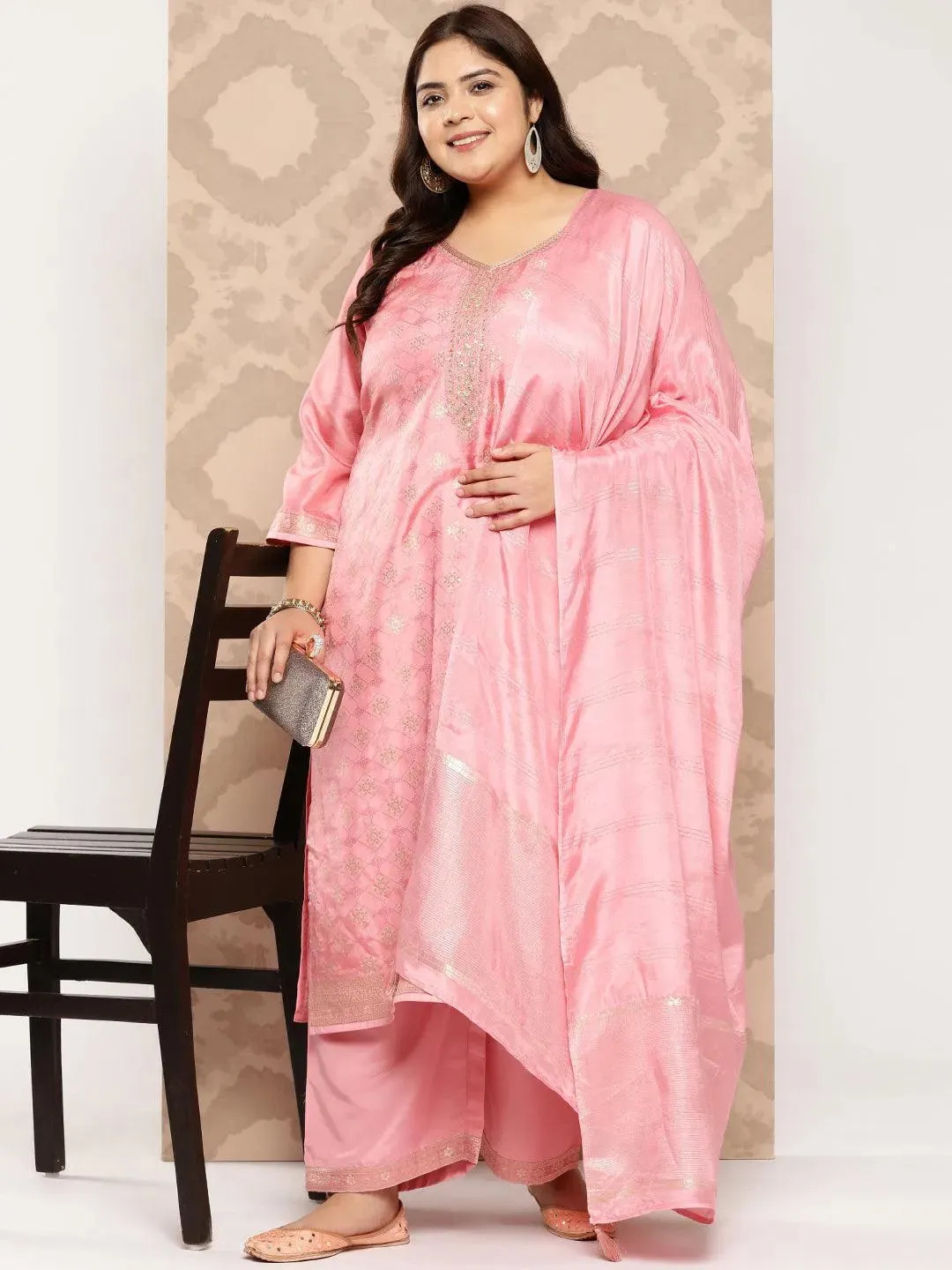 Peach Embroidered Silk Blend Straight Kurta With Trousers and Dupatta