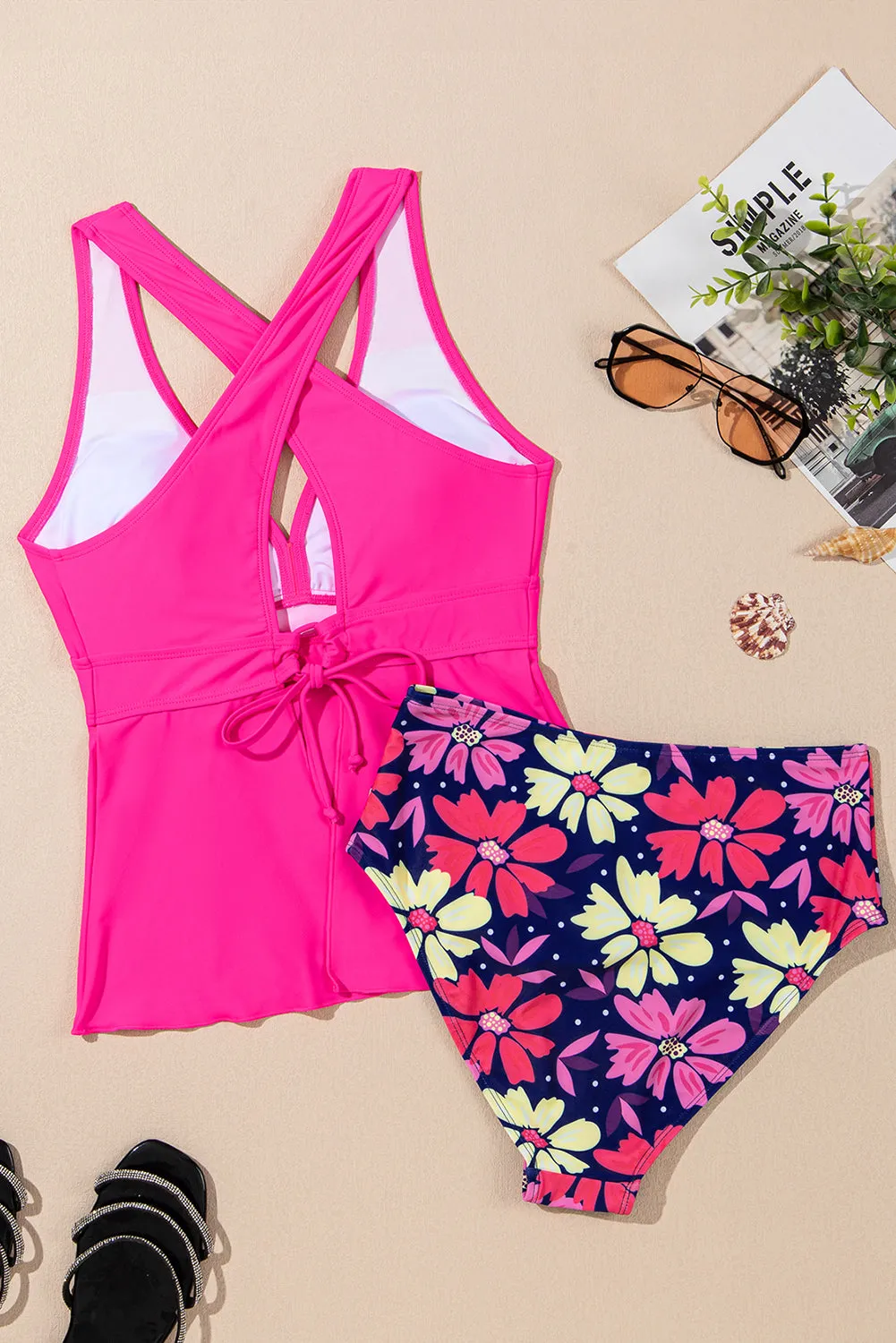 PINK V NECK/ FLORAL HIGH WAISTED TANKINI SWIMSUIT