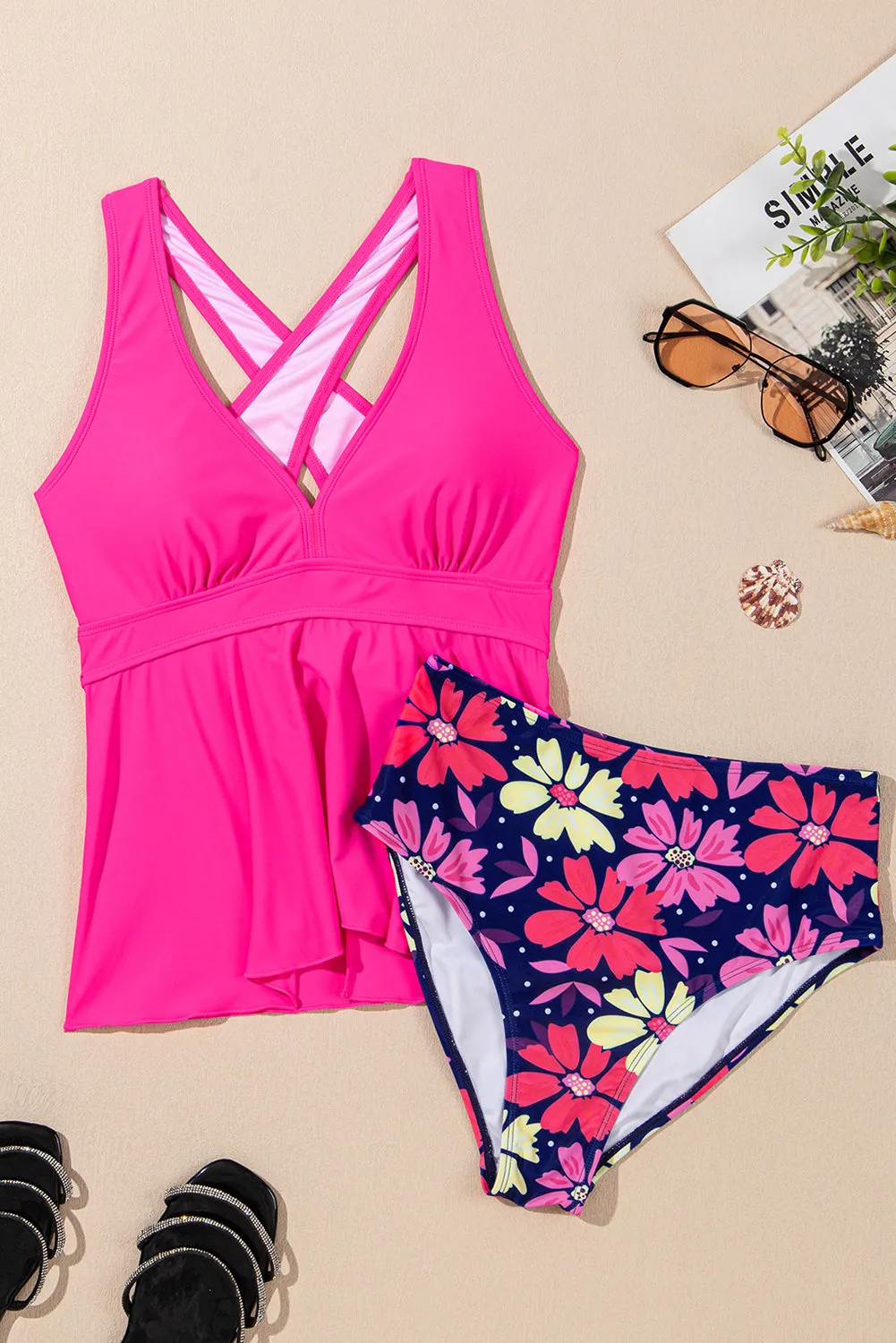 PINK V NECK/ FLORAL HIGH WAISTED TANKINI SWIMSUIT