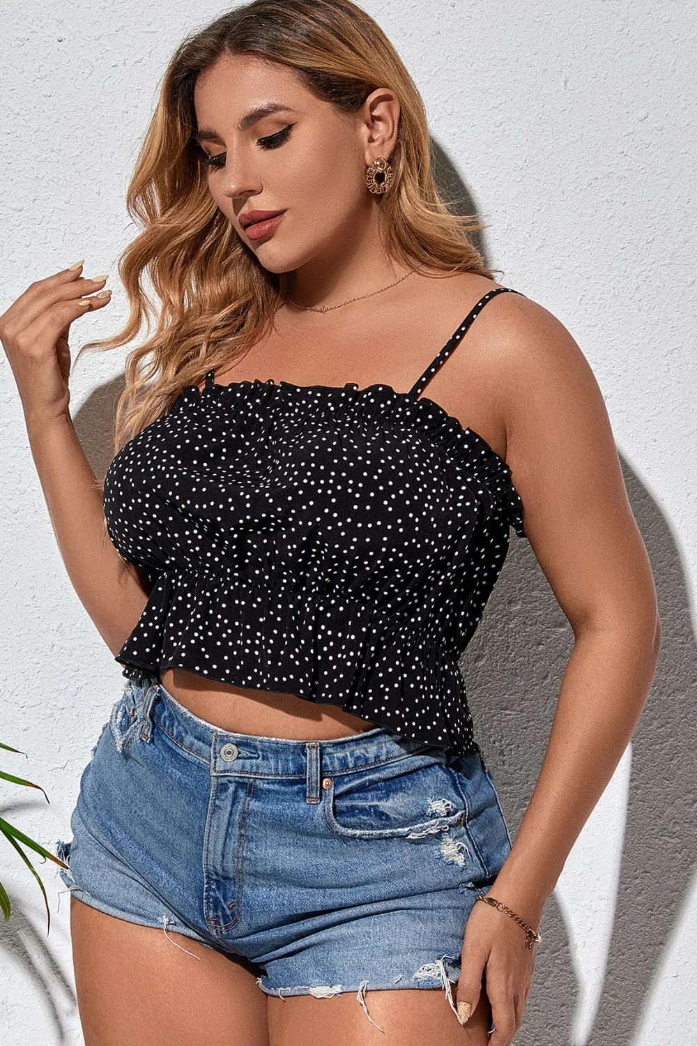 Plus Size Polka Dot Frill Trim Peplum Cami