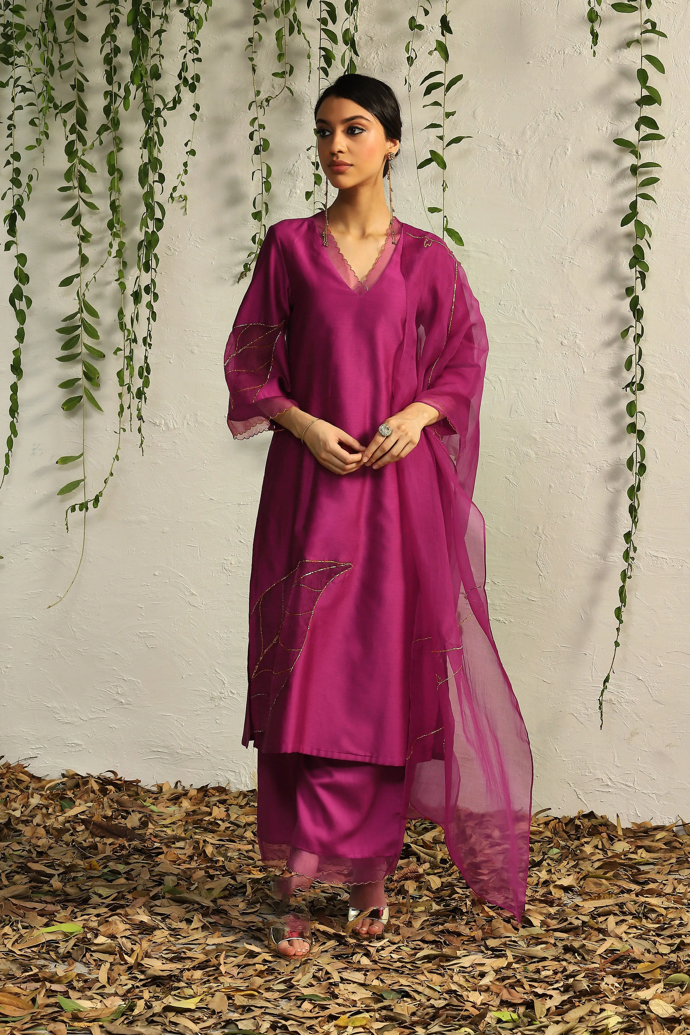 Pop Pink Chanderi Straight Kurta Set