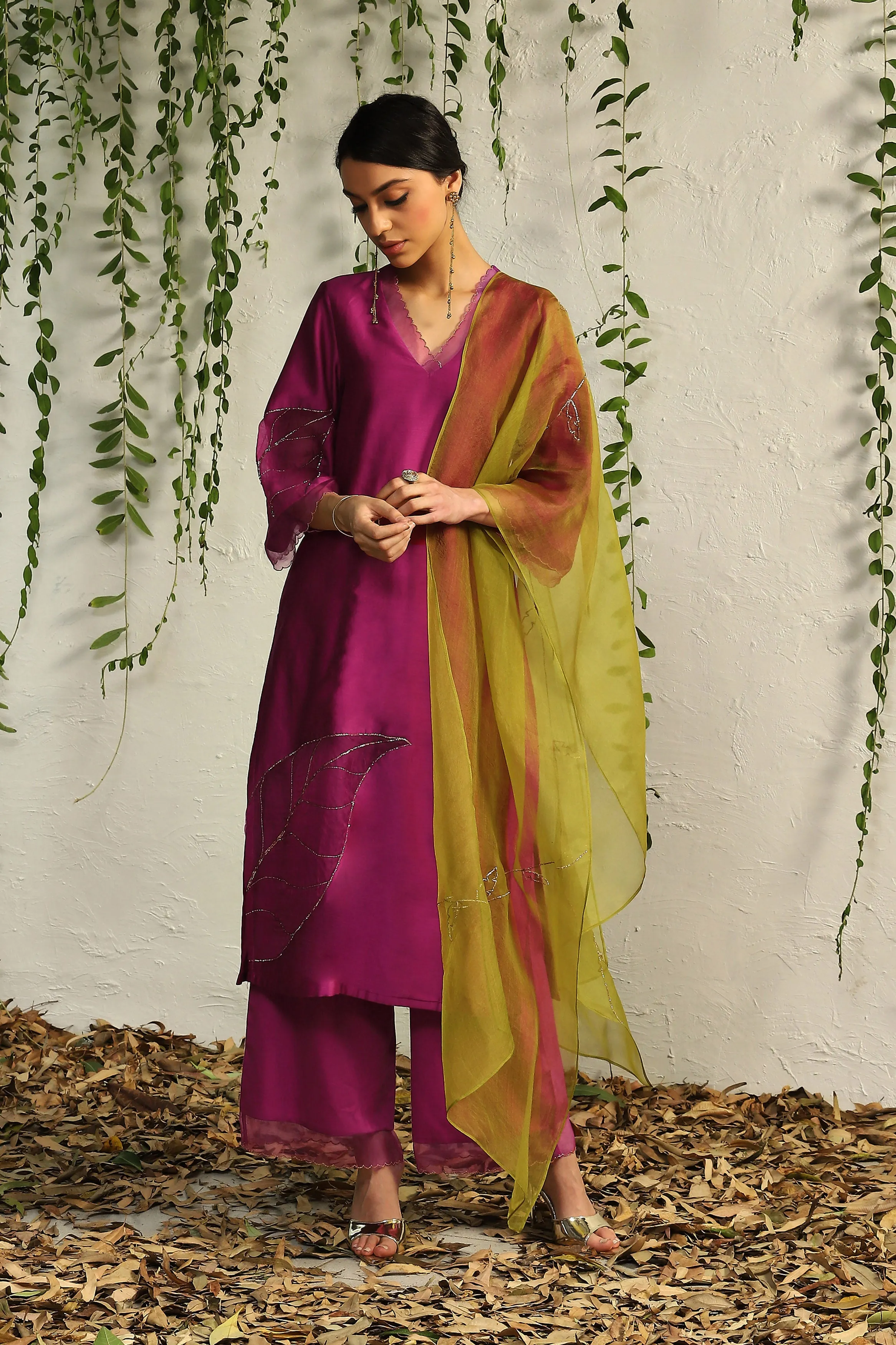 Pop Pink Chanderi Straight Kurta Set