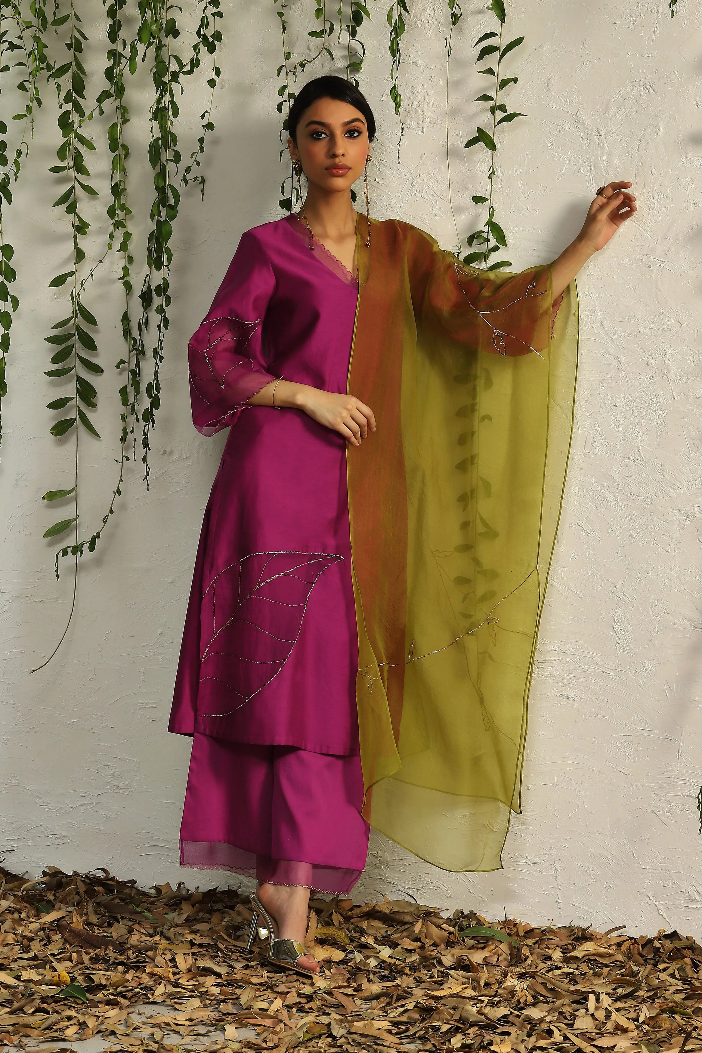 Pop Pink Chanderi Straight Kurta Set