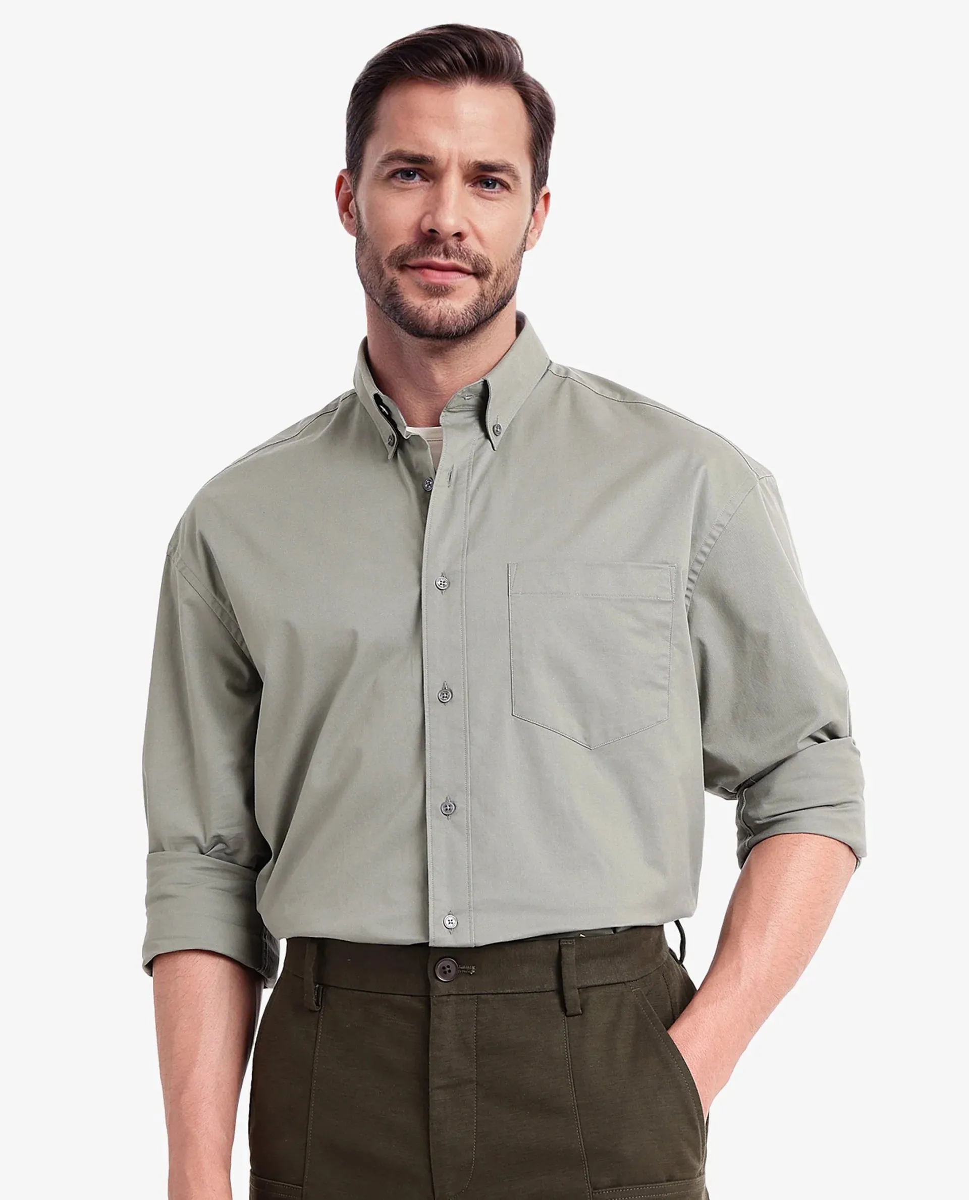 Rare Rabbit Men's Zord Green Cotton Lycra Fabric Full Sleeves Button Down Collar Boxy Fit Plain Shirt