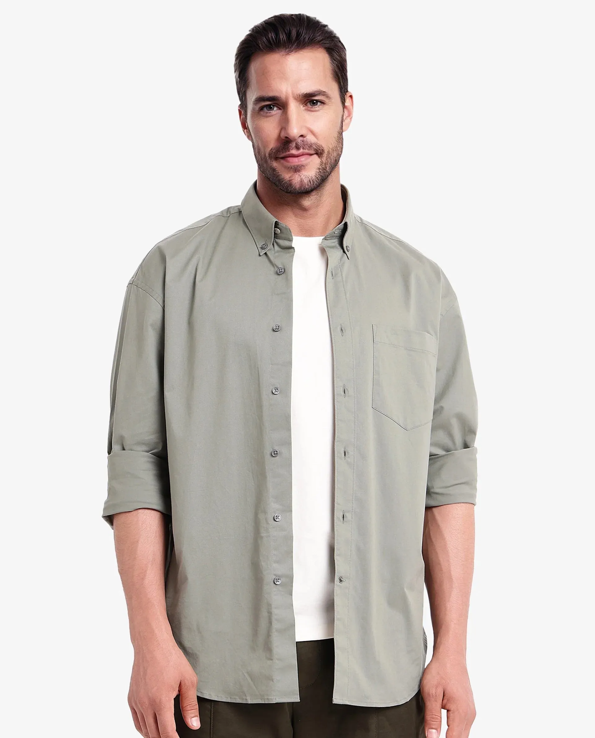 Rare Rabbit Men's Zord Green Cotton Lycra Fabric Full Sleeves Button Down Collar Boxy Fit Plain Shirt