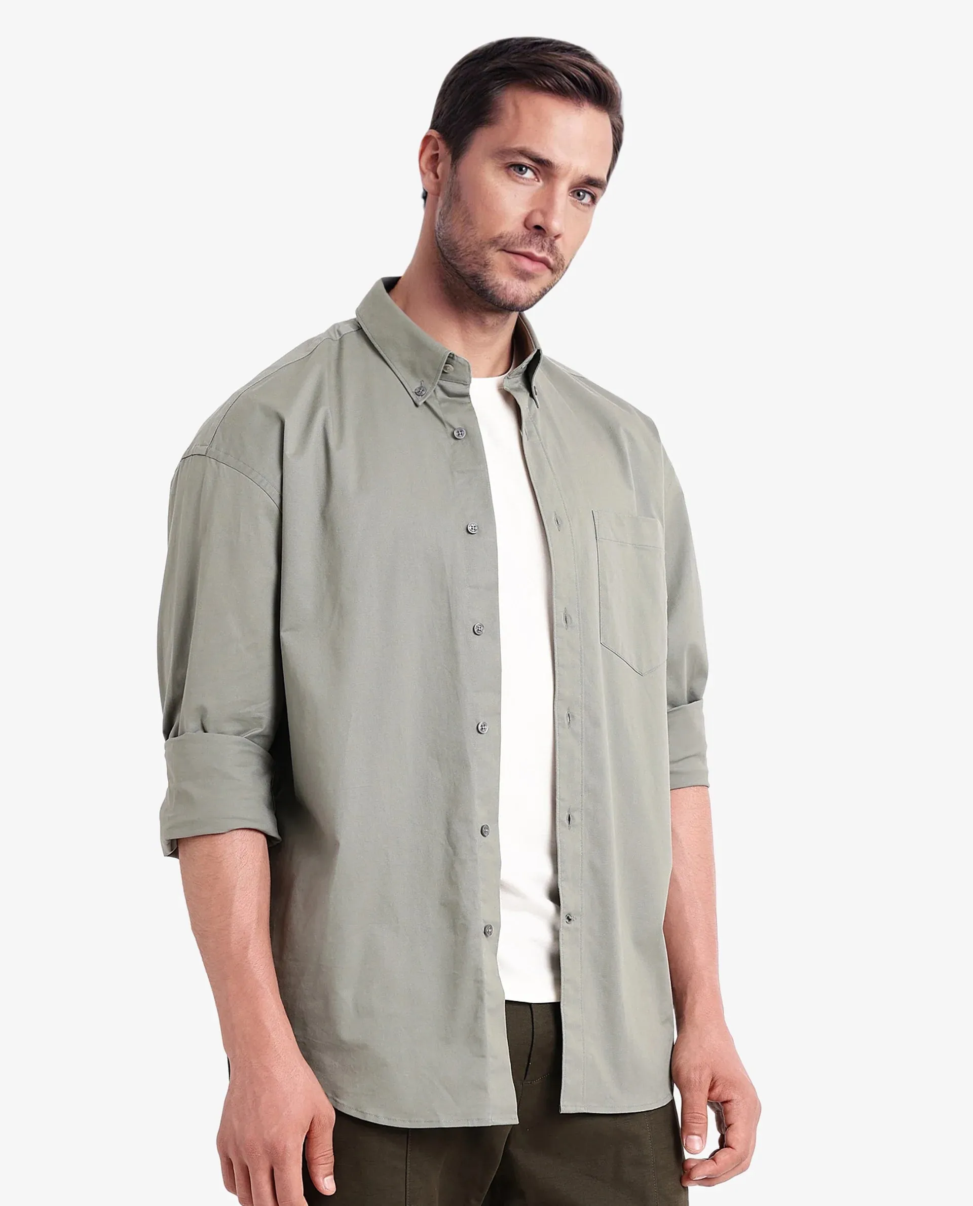 Rare Rabbit Men's Zord Green Cotton Lycra Fabric Full Sleeves Button Down Collar Boxy Fit Plain Shirt