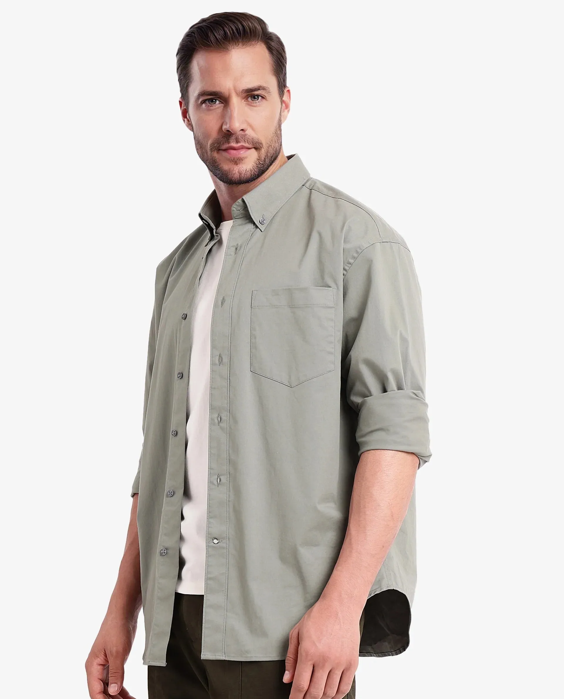 Rare Rabbit Men's Zord Green Cotton Lycra Fabric Full Sleeves Button Down Collar Boxy Fit Plain Shirt