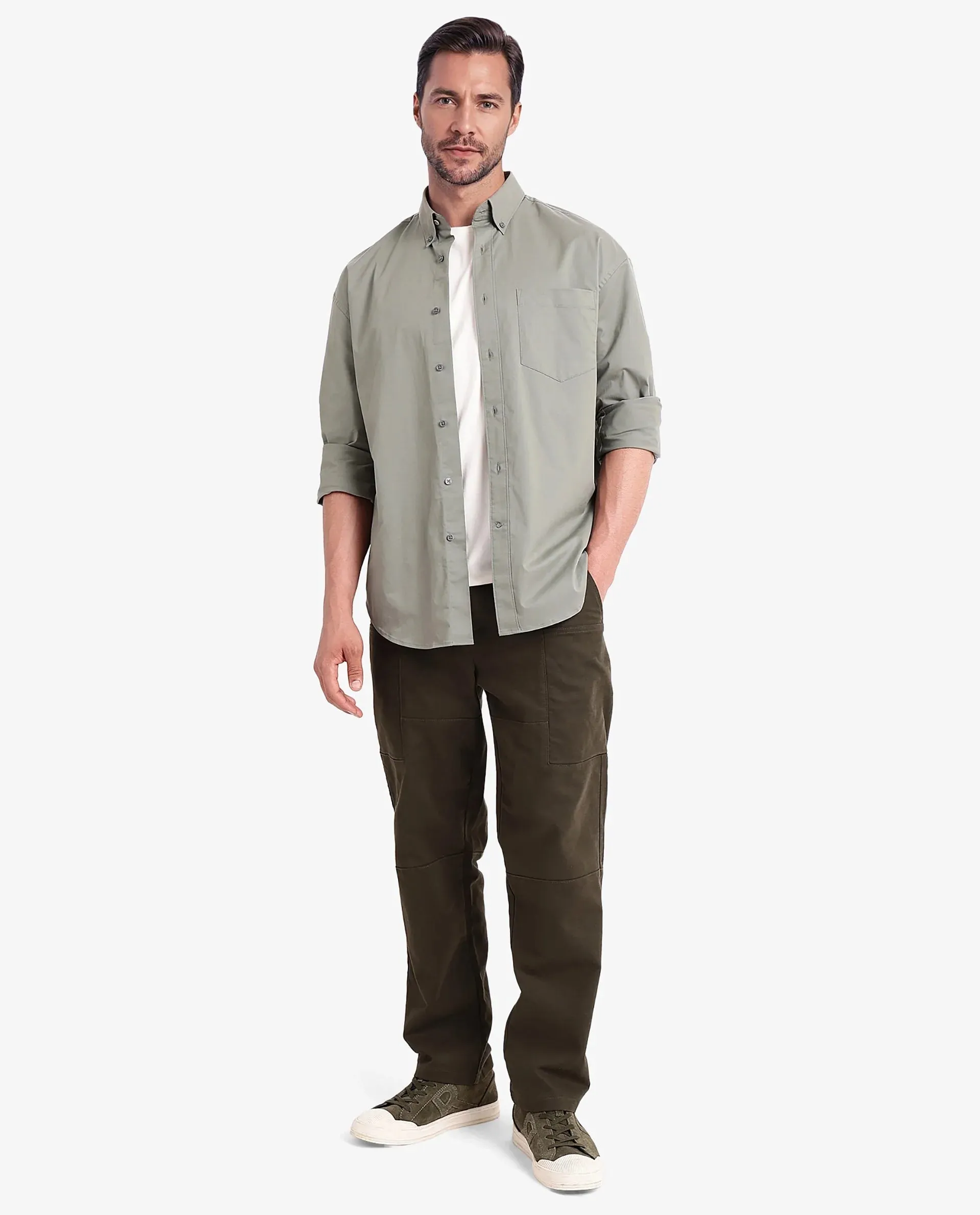 Rare Rabbit Men's Zord Green Cotton Lycra Fabric Full Sleeves Button Down Collar Boxy Fit Plain Shirt
