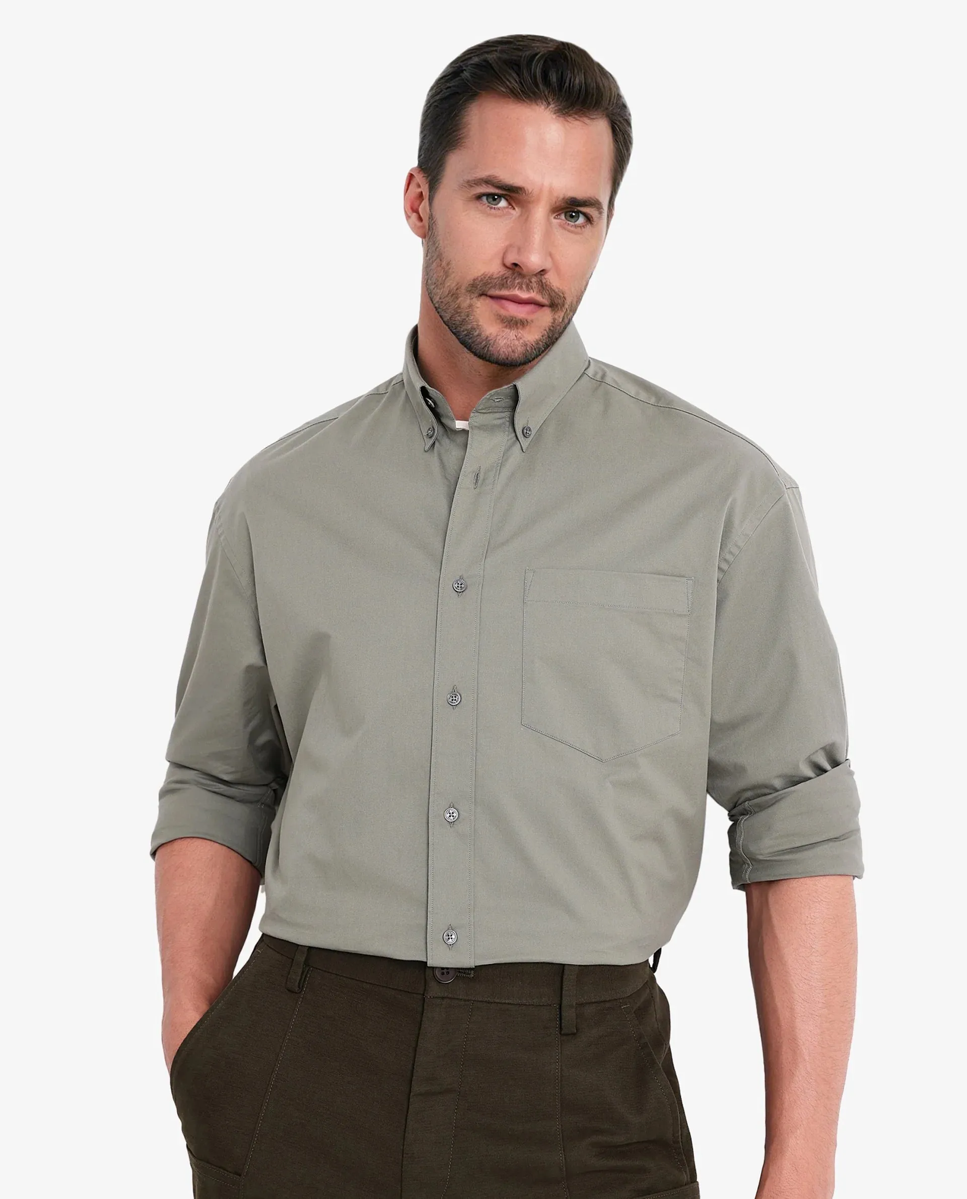 Rare Rabbit Men's Zord Green Cotton Lycra Fabric Full Sleeves Button Down Collar Boxy Fit Plain Shirt