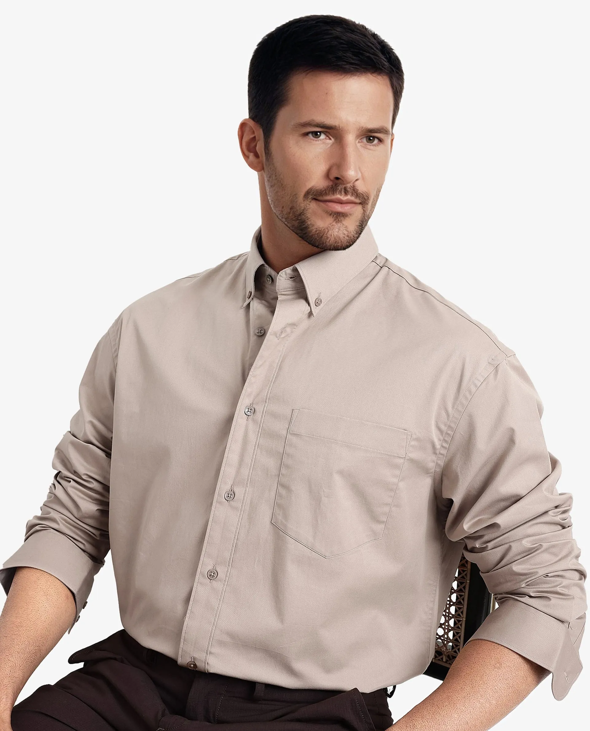 Rare Rabbit Men's Zord Light Beige Cotton Lycra Fabric Full Sleeves Button Down Collar Boxy Fit Plain Shirt