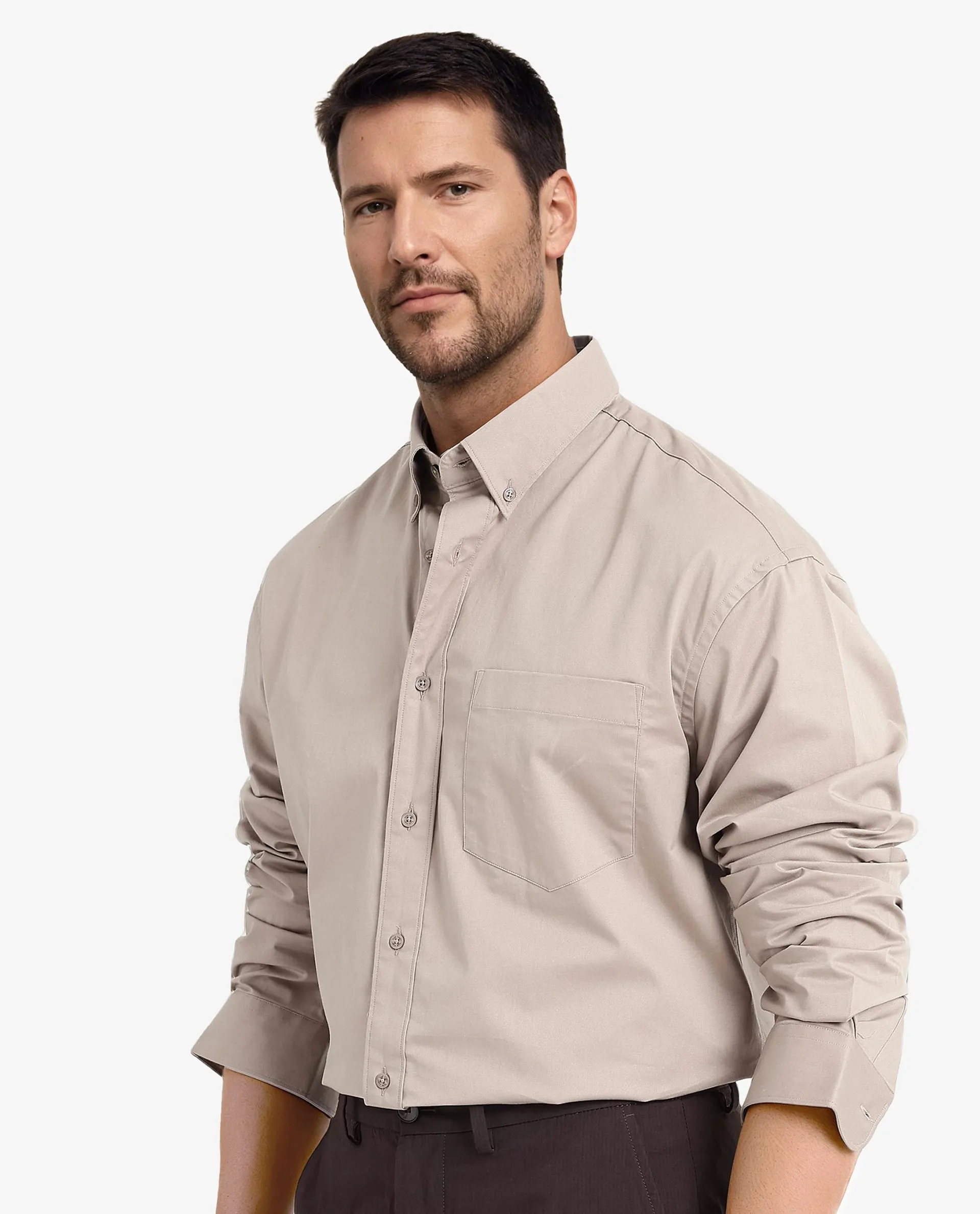 Rare Rabbit Men's Zord Light Beige Cotton Lycra Fabric Full Sleeves Button Down Collar Boxy Fit Plain Shirt