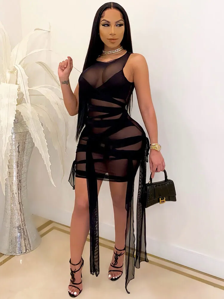 Sheer Mesh Sleeveless Bodycon Mini Dresses