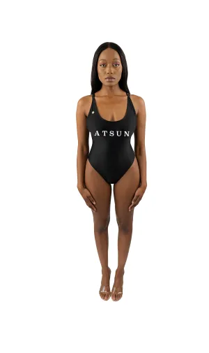 Sleek Black Cross Back One-Piece Swimsuit  - Atsun Logo Print