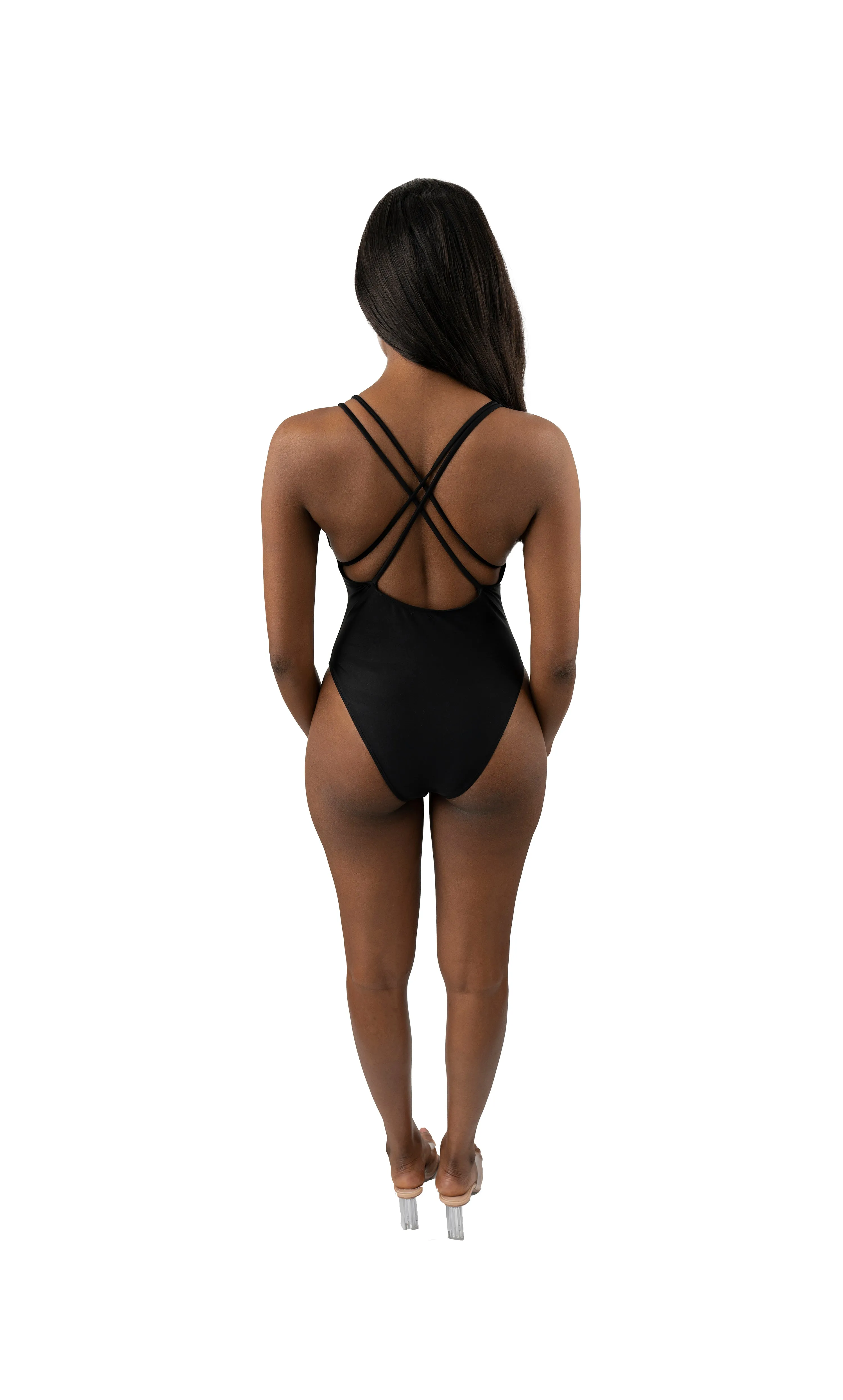 Sleek Black Cross Back One-Piece Swimsuit  - Atsun Logo Print