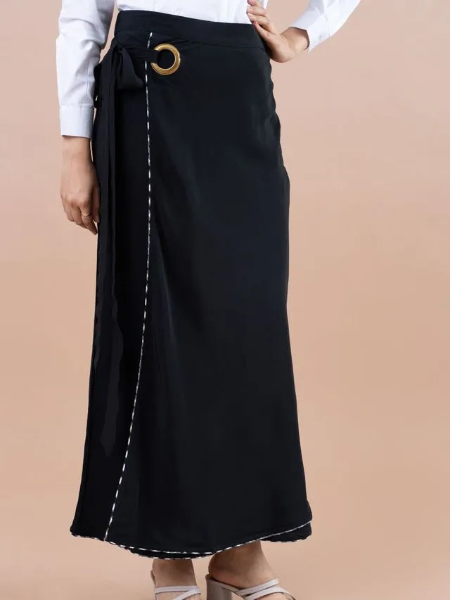 stylish pure viscose long wrap skirt - Black