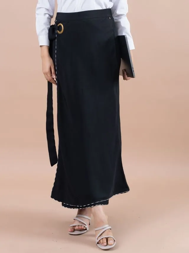 stylish pure viscose long wrap skirt - Black