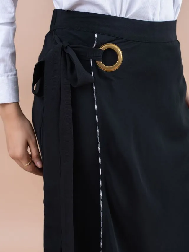 stylish pure viscose long wrap skirt - Black