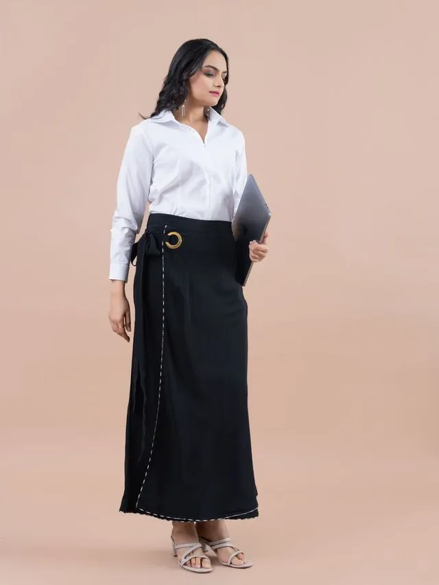 stylish pure viscose long wrap skirt - Black