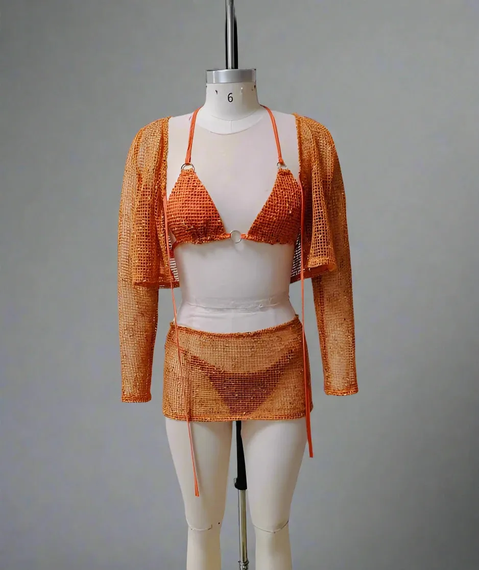 Trend4us Women's Shiny Mesh Bikini Cover-Up Set