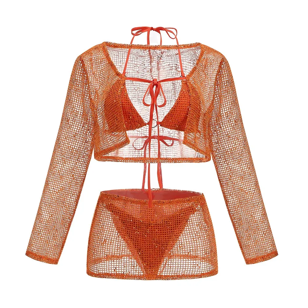 Trend4us Women's Shiny Mesh Bikini Cover-Up Set
