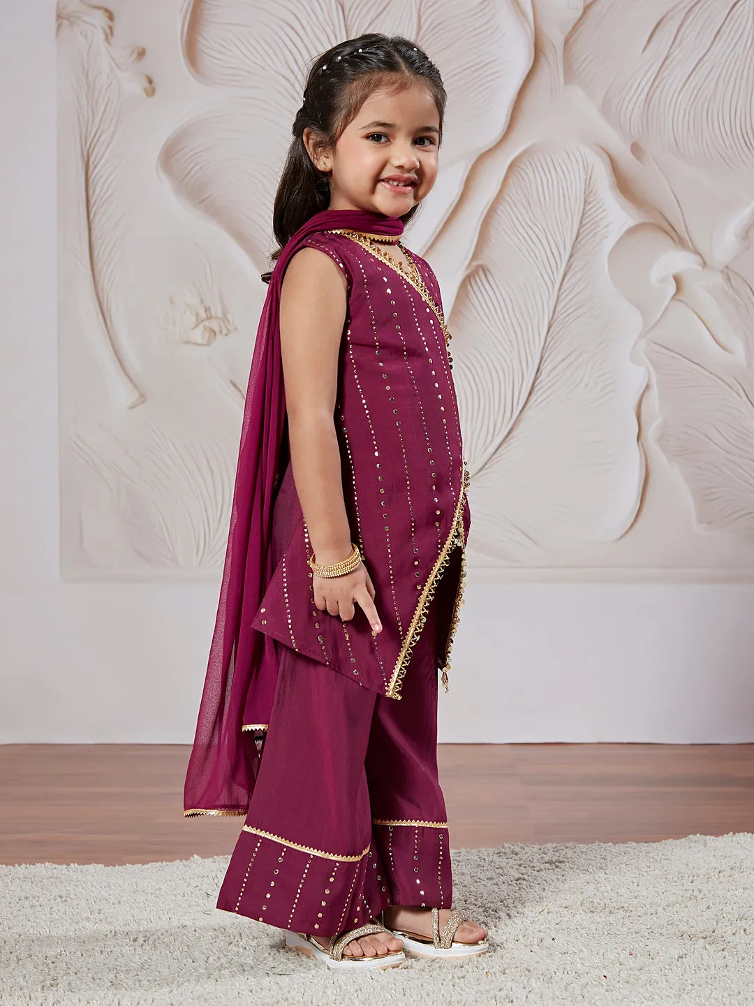 VASTRAMAY Girls' Wine Kurta Set With Dupatta